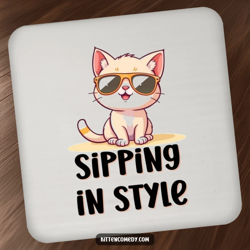 Funny Kitten Sunglasses Coaster: A cool kitten wearing sunglasses sunbathing, adding funny style to surface protection.