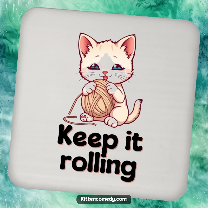 Funny kitten playfully batting at a colorful yarn ball on a drink coaster, adding a playful touch to tabletops.