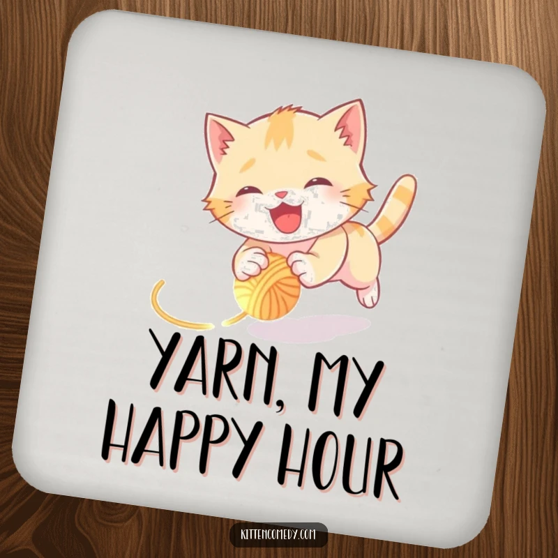 Funny kitten drink coaster depicting a joyful kitten hilariously tumbling while chasing a glowing ball of yarn, adding humor.