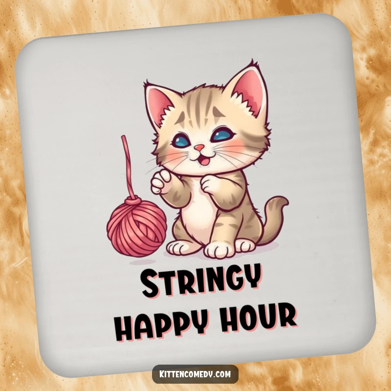 Funny Kitten Yarn Coaster: A playful kitten batting a dangling yarn ball, adding humor to surface protection.