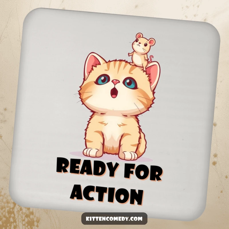 Funny surprised kitten coaster, looking up in shock at a toy mouse, adding a humorous element to drink service.