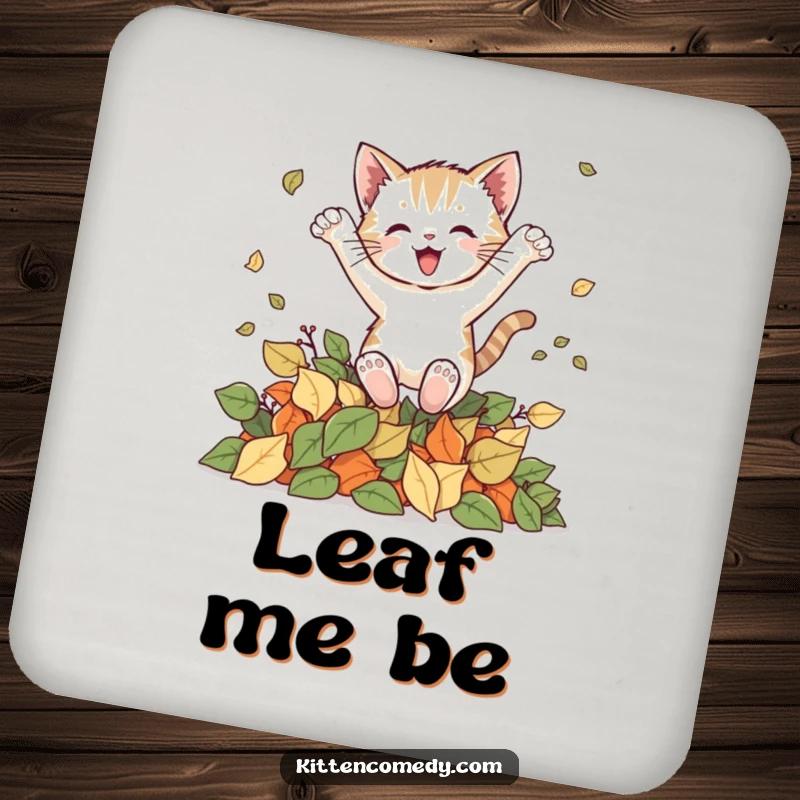 Funny kitten drink coasters depicting a cat leaping into autumn leaves, adding a humorous and protective touch to your surfaces.