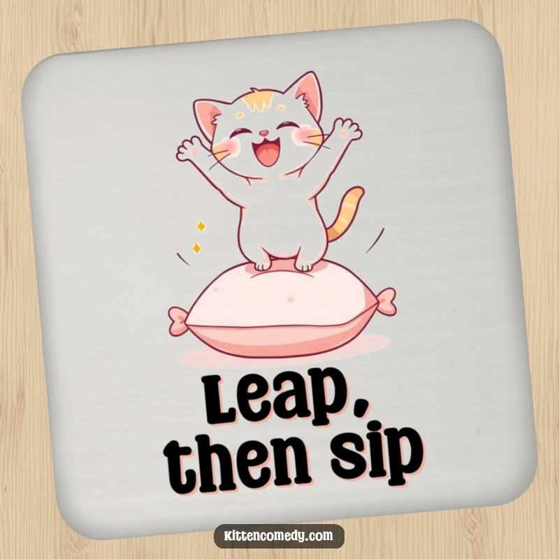 Funny Kawaii Kitten Coaster: A cute kitten leaping with energy from a cushion, protecting your surfaces.