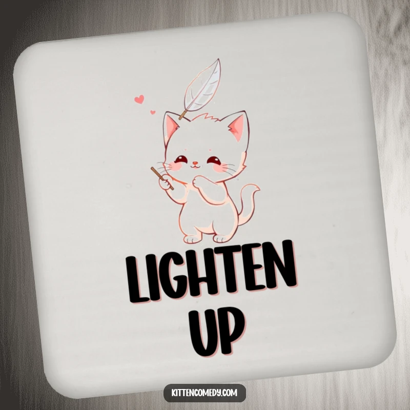 Funny kawaii kitten coaster, happily batting at a feather, cute and charming, perfect for surface protection.