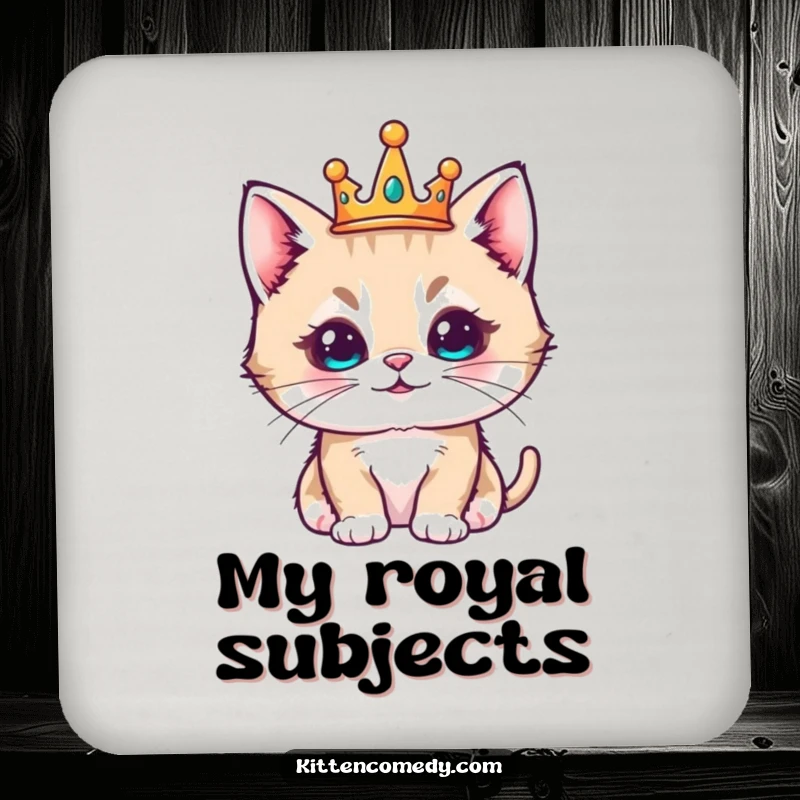 Funny kawaii kitten wearing a tiny crown, looking regal and pleased, decorative drink coaster.