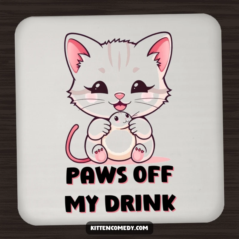 Funny kawaii kitten coaster featuring a cat with a mouse toy and a happy meow, protecting surfaces with charm, a cute and funny gift.