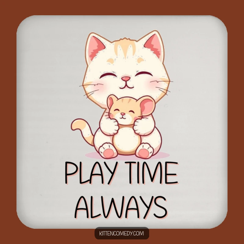 Protect your tables with a touch of playful feline humor using this funny coaster featuring a kitten offering a toy mouse. Cute and practical.