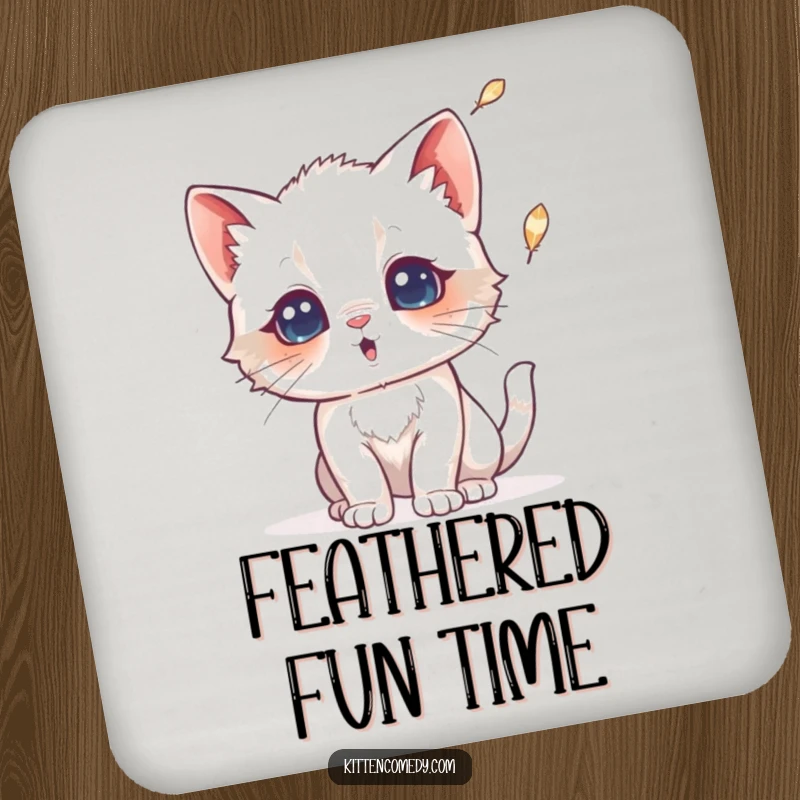 Funny drink coaster with a kitten looking surprised by a falling feather. Protects surfaces with comical feline charm.