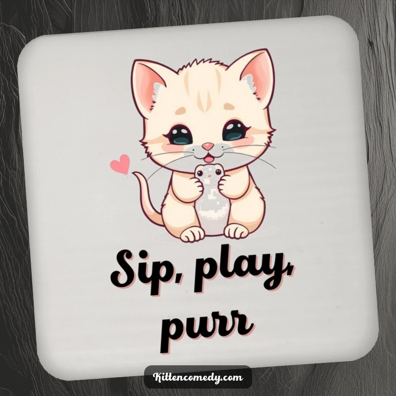 Funny drink coaster with a kitten offering a toy mouse with a purr, adding a touch of adorable feline charm.