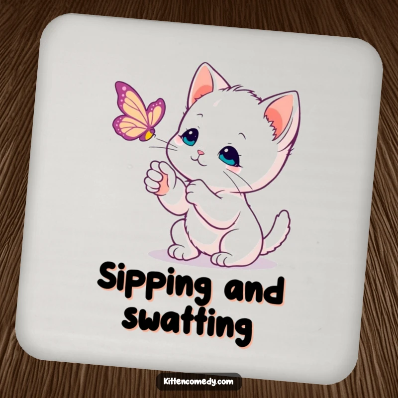 Funny Kawaii Kitten Coaster: A cute kitten's gentle paw reaches for a butterfly, adding a touch of calm to your drinks.