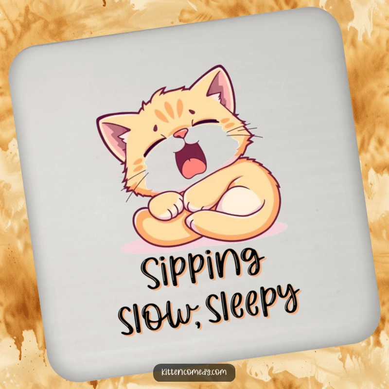 Funny Kitten Sunbeam Coasters: A tired kitten yawning in a sunbeam, a humorous coaster set.
