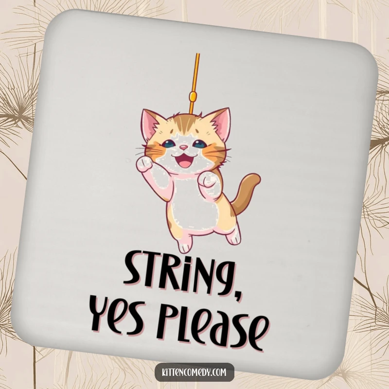 Funny kitten drink coaster showing a playful kitten ready to pounce on a sparkling string, adding humor to any table setting.