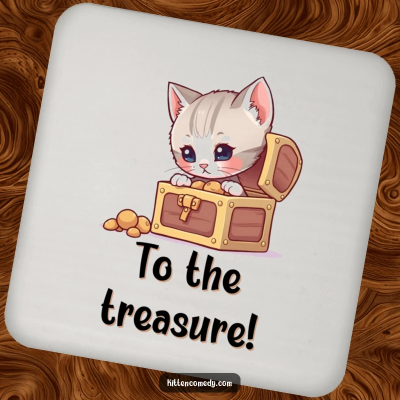 Funny curious kitten coaster, peering into a treasure chest, adding a humorous and intriguing element to drink service.