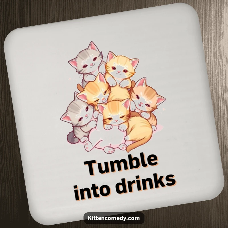 Funny Tumble Kittens Coaster: Kittens playfully tumbling, adding cute and funny chaos to surface protection.