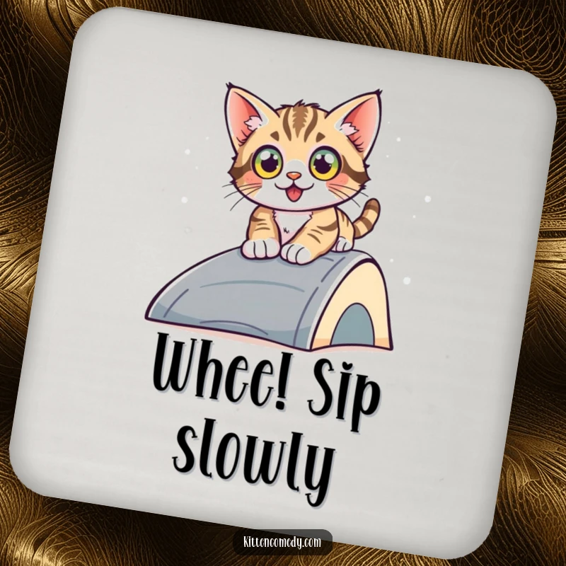 Funny sliding kitten drink coaster, a kitten with wide eyes sliding down a ramp, protecting surfaces with adorable, humorous action.