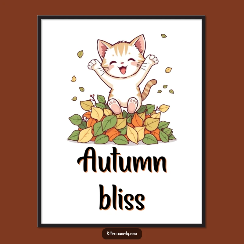 Funny Kitten Leaf Leap Poster: Joyful Autumn Cat Art Print Gift