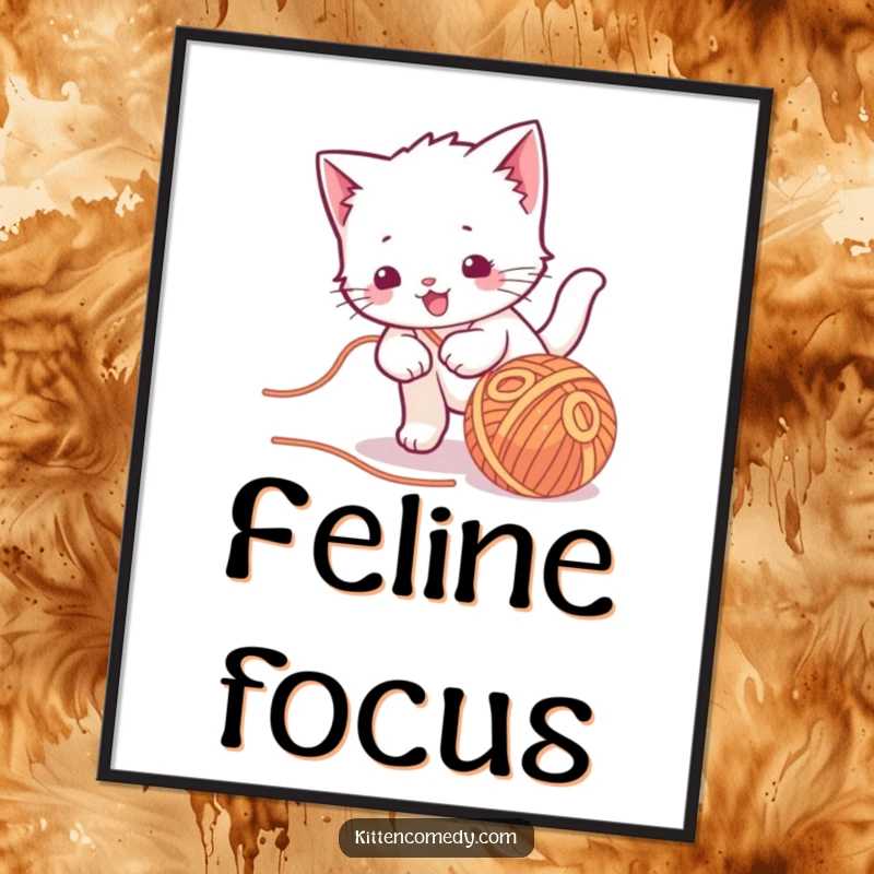 Funny kawaii kitten poster, playfully chasing a ball of yarn, a cute and energetic artwork.