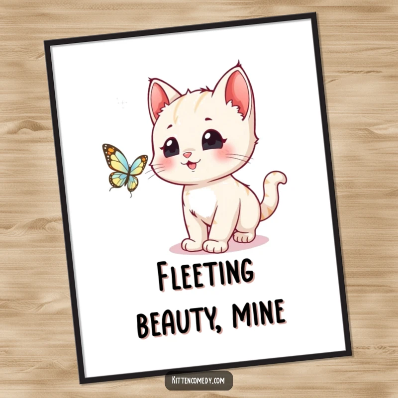 Funny, wide-eyed kawaii kitten leaping playfully after a shimmering butterfly, captured in this vibrant wall art poster.