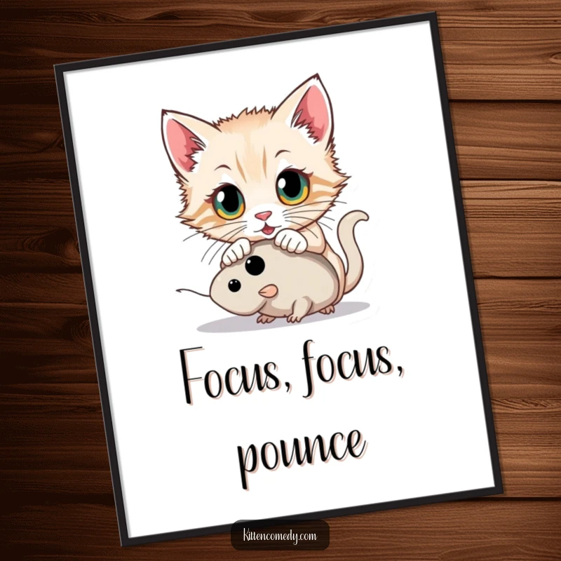 Funny kitten with wide, determined eyes pouncing on a toy mouse on a poster, showcasing a moment of comical hunting.