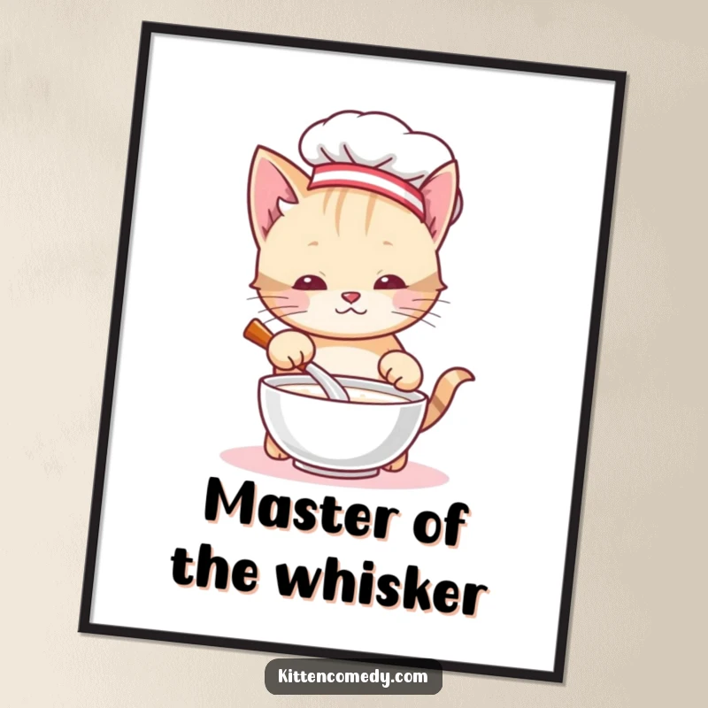 Funny chef kitten poster, a cute cat in a chef's hat stirring a bowl of milk, bringing a humorous and artistic touch to any wall.
