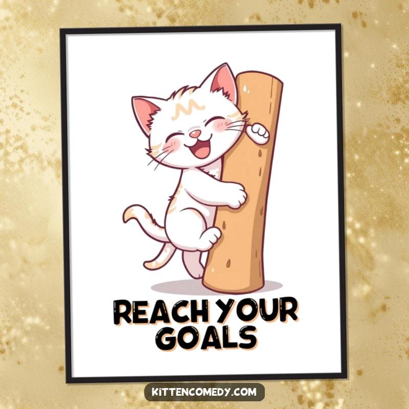 Funny poster art of a kitten gleefully climbing a scratching post. Energetic and charming wall decor for cat enthusiasts.