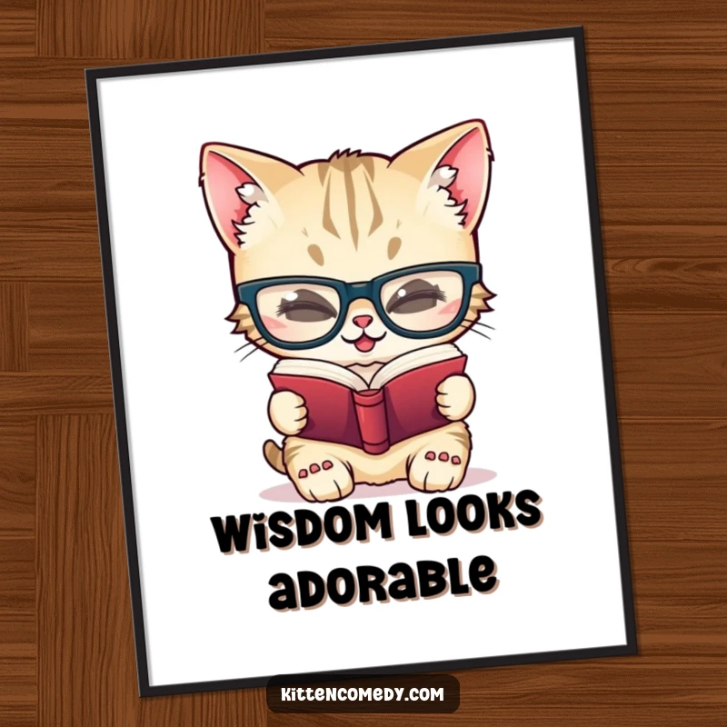Funny poster of a giggling kitten character wearing oversized glasses, intently reading a tiny book with a look of amused concentration.