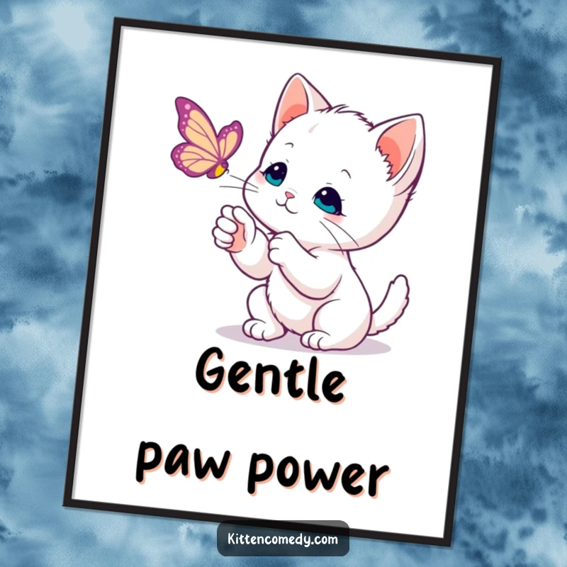 Funny Kawaii Kitten Poster: A wide-eyed, adorable kitten reaches out with a gentle paw towards a colorful floating butterfly.