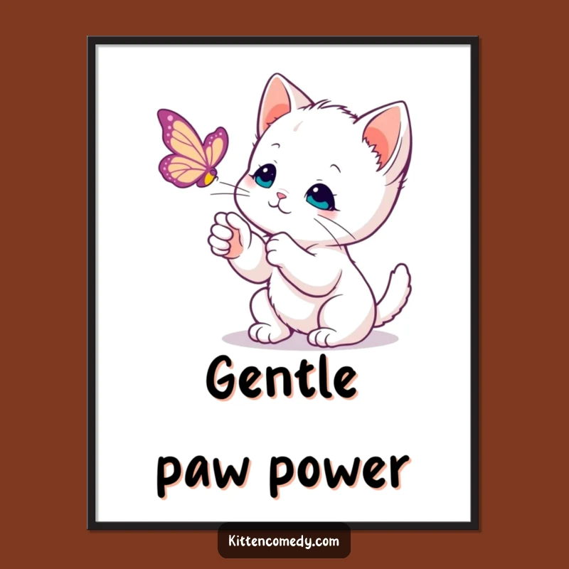 Funny Kawaii Kitten Butterfly Art Poster: Gentle & Cute Cat Decor Gift