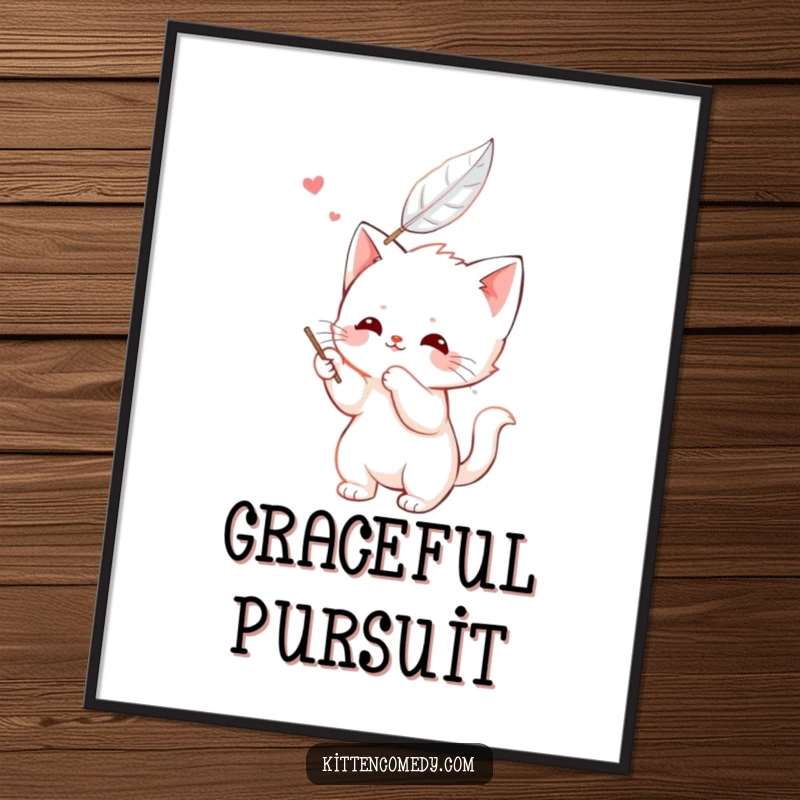 Funny kawaii kitten poster, happily batting at a floating feather, a cute and energetic artwork.