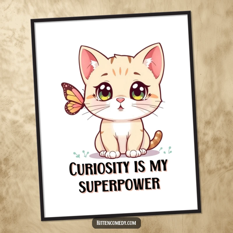 Funny Kawaii Kitten Poster: Wall art depicting a wide-eyed kitten observing a butterfly, evoking a sense of peaceful curiosity.