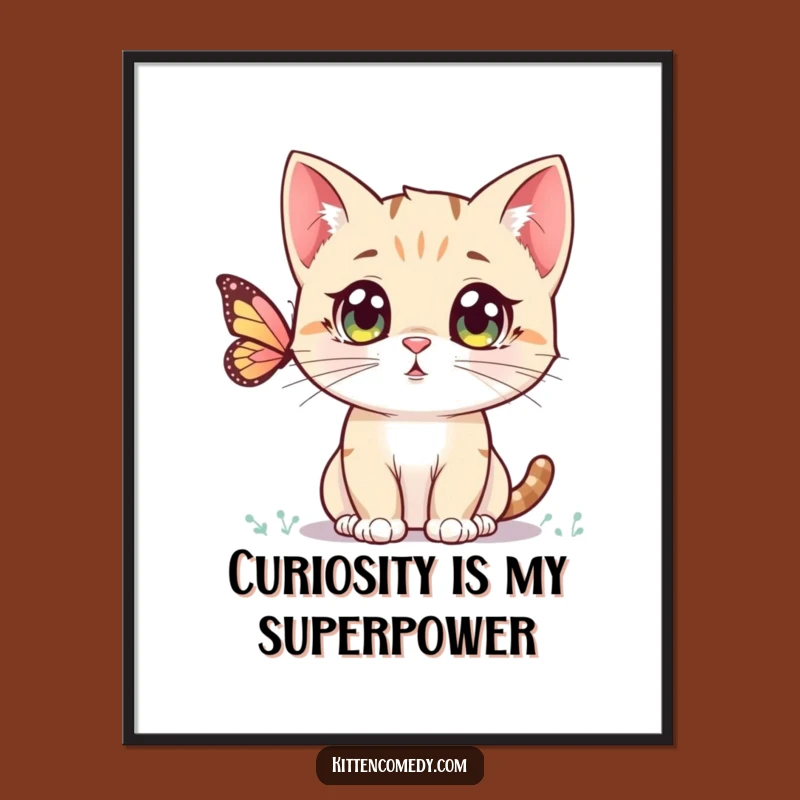 Brighten any room with this funny kawaii kitten poster. The charming scene of a wide-eyed kitten watching a butterfly brings joy and cuteness.
