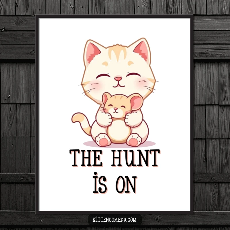 Funny poster art of a kitten character with a meow, presenting a small toy mouse. Whimsical, playful, and humorous cat decor.