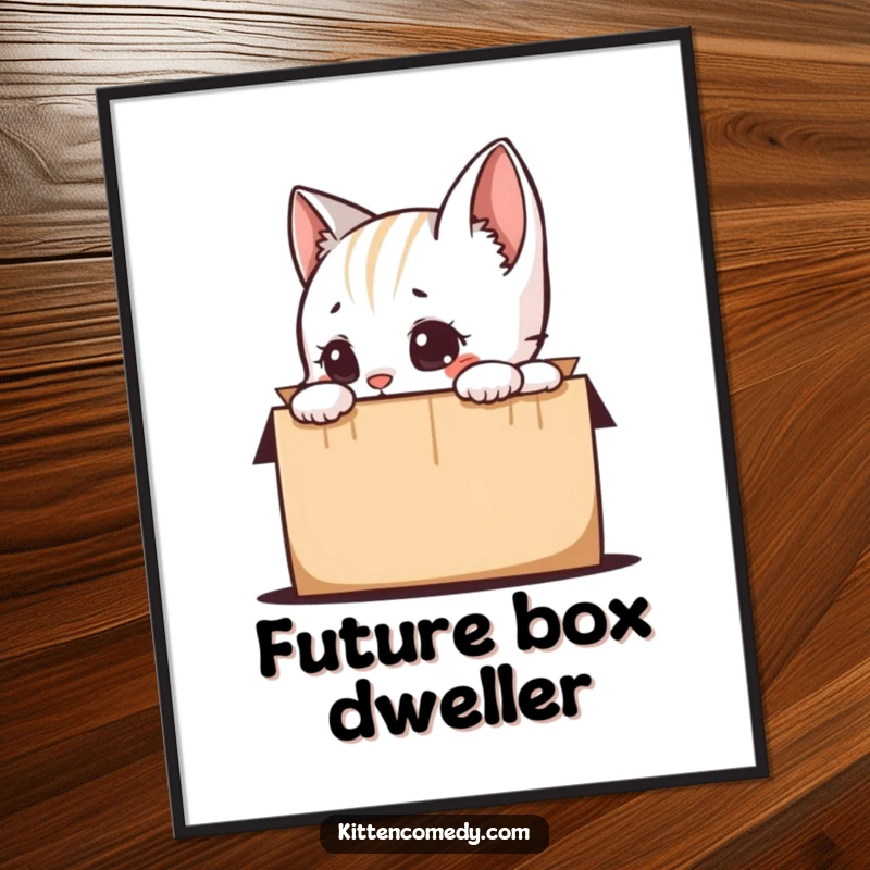 Funny kitten curiously peeking into a mysterious box, captured in a vibrant poster, adding humorous charm to any room as a delightful gift.