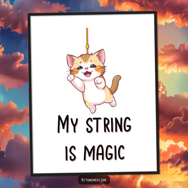 Funny kitten poster capturing a playful kitten leaping with excitement towards a dangling, sparkling string in a humorous and adorable art style.