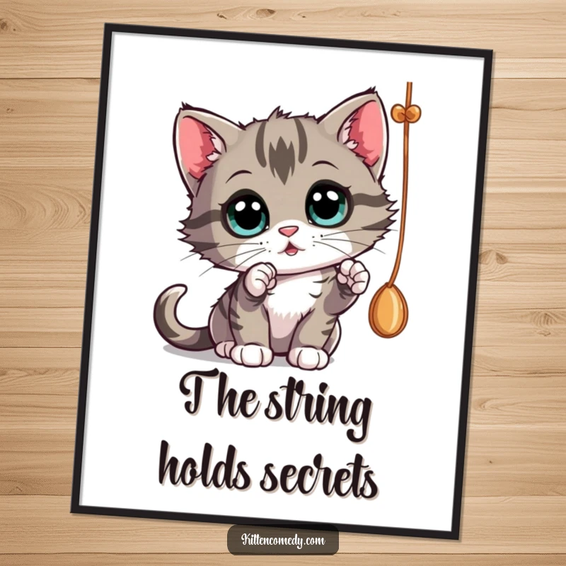 Funny curious kitten batting at a dangling string with wide, curious eyes, captivating wall art.
