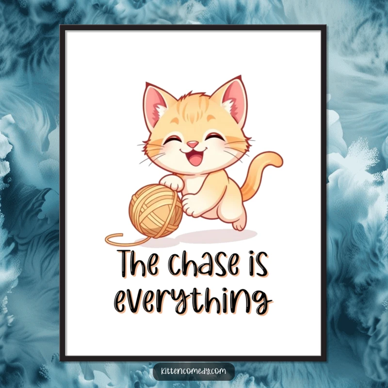 Funny happy kitten gleefully chasing a bouncing ball of yarn, joyful wall art for a funny gift.