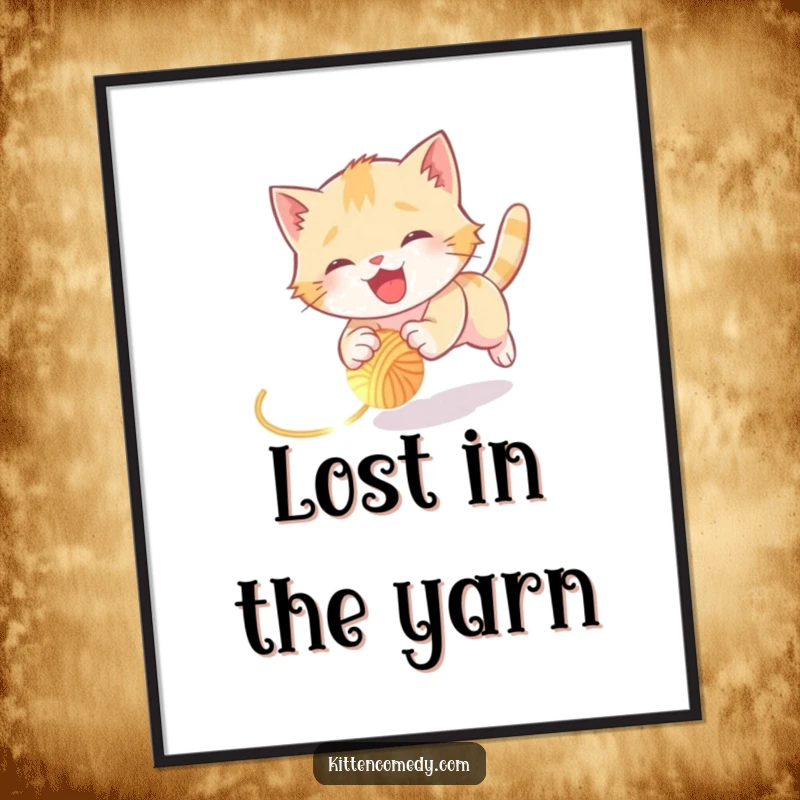Funny kitten poster capturing a joyful kitten mid-tumble while chasing a glowing ball of yarn, designed for humorous wall art.