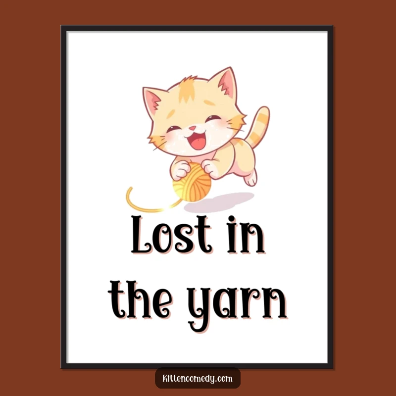 Funny Kitten Yarn Chase Poster: Whimsical & Tumbling Cat Art Print Gift