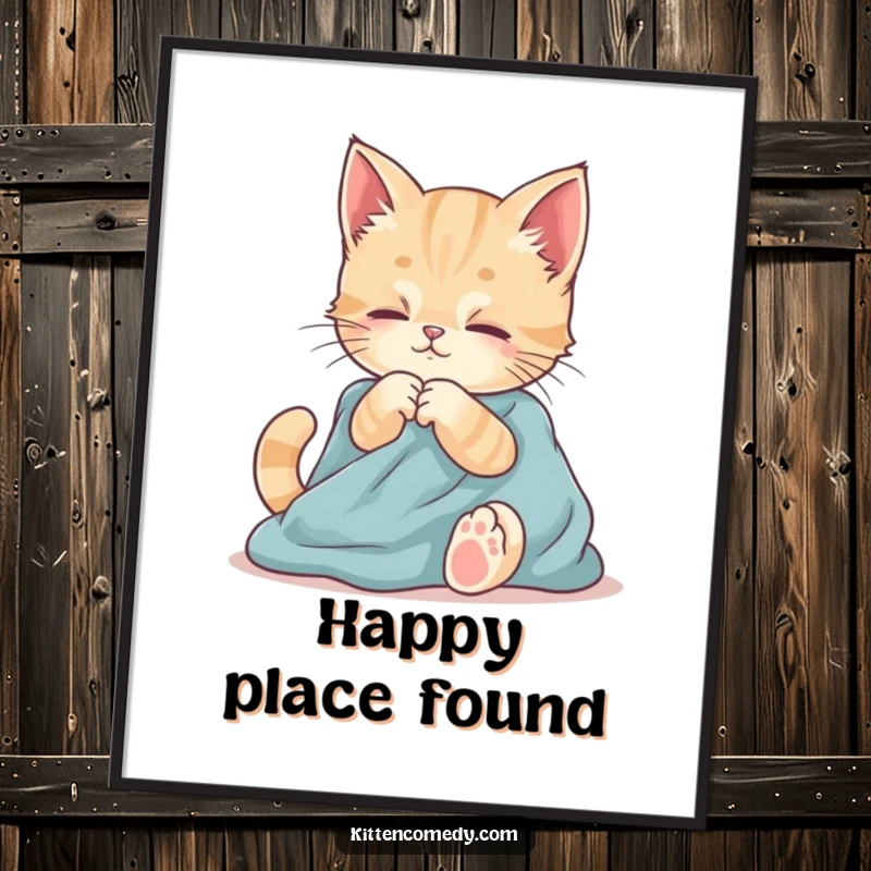 Funny poster art of a kitten contentedly kneading soft fabric. Soothing and charming wall decor.