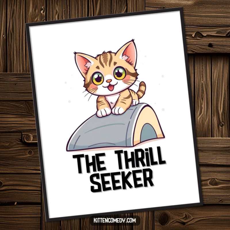 Funny sliding kitten poster, a cute kitten with wide eyes sliding down a ramp, bringing a humorous and dynamic visual to any wall.
