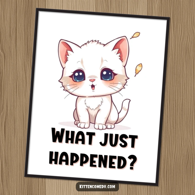 Funny poster art of a kitten looking comically surprised by a falling feather. Expressive and humorous wall decor.