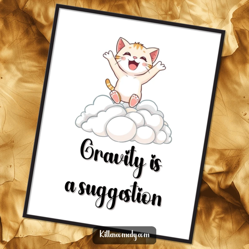 Funny poster capturing an excited kitten character exhilaratedly leaping into a dreamy, soft cloud formation, radiating pure delight.