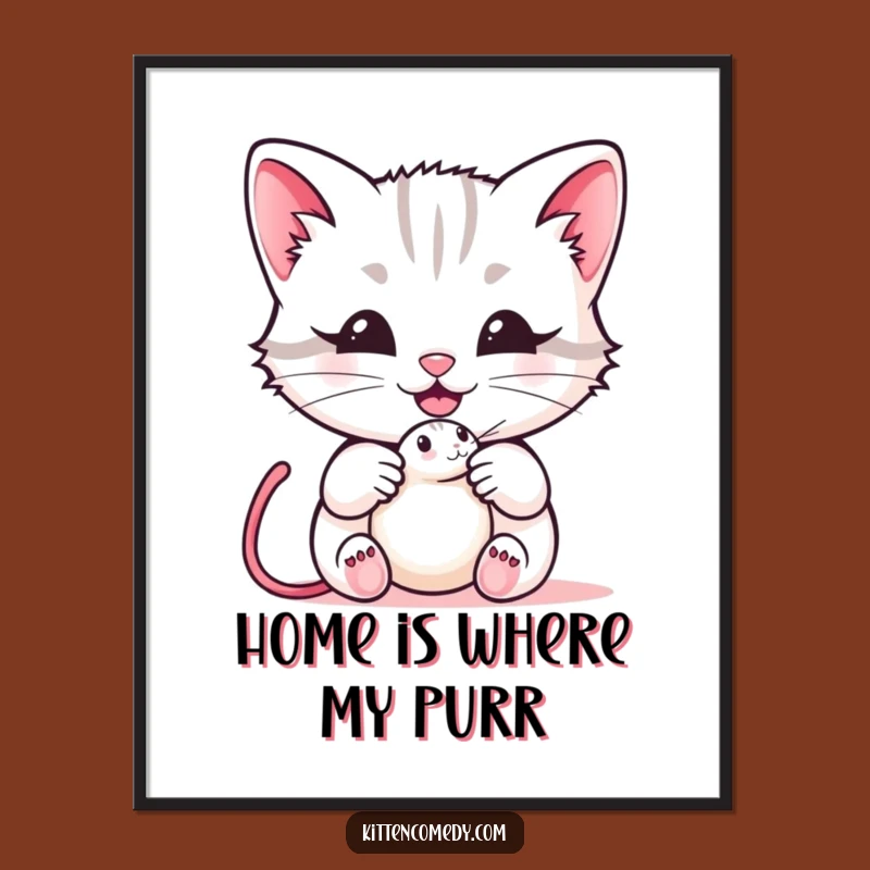 Funny Kawaii Kitten Poster - Happy Meow with Mouse Toy Wall Art Decor Gift