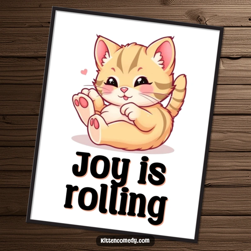 Funny kawaii kitten poster depicting a cat rolling around in playful delight, bringing vibrant joy and humor to any room, a great funny gift.