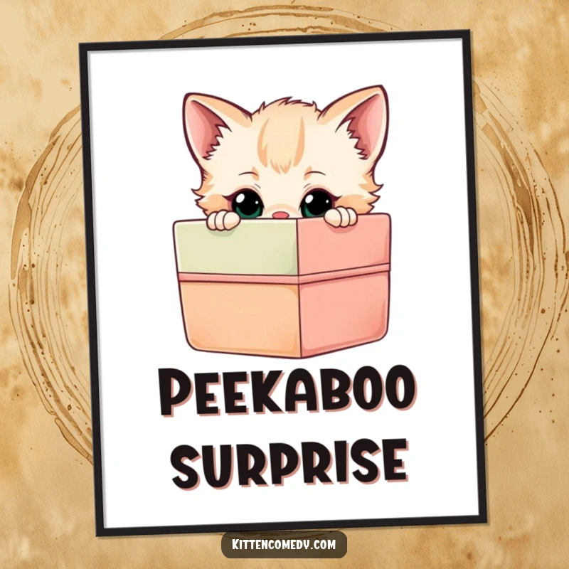 Funny Kitten Gift Box Poster: A curious kitten peering into a brightly colored gift box, humorous wall art for cat lovers.