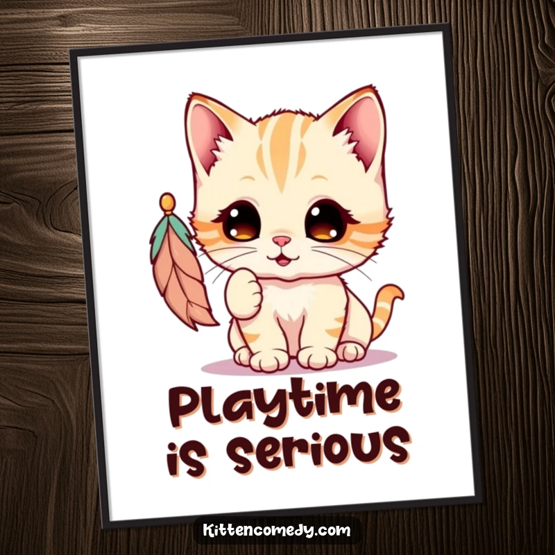 Funny Kawaii Kitten Poster: A wide-eyed kitten is captured mid-play, batting enthusiastically at a suspended feather toy.