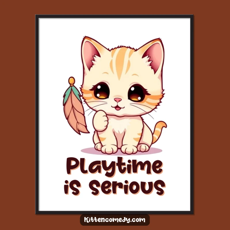 Funny Kawaii Kitten Feather Art Poster: Adorable Playful Cat Decor Gift