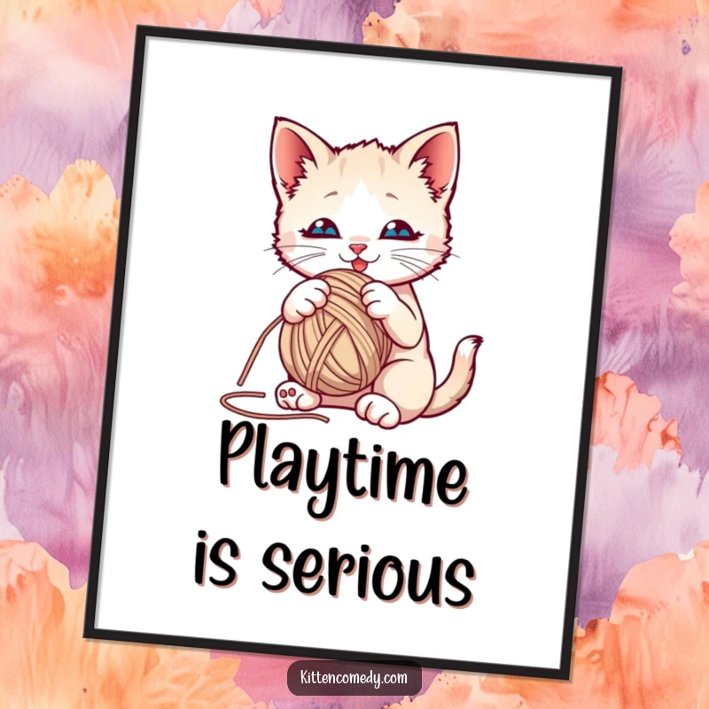 Funny kitten playfully batting at a yarn ball on a poster, showcasing a moment of adorable feline mischief.