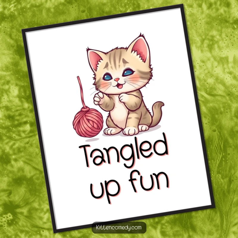 Funny Playful Kitten Yarn Poster: A kitten gleefully batting a dangling ball of yarn, a humorous and lively piece.