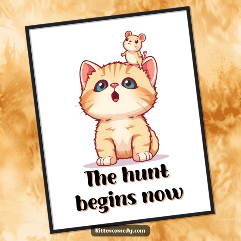 Funny surprised kitten poster, wide-eyed and astonished, captivated by a hovering toy mouse, creating a humorous wall decor piece.